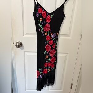 Sue Wong 100% silk Floral Embroidered Black Dress